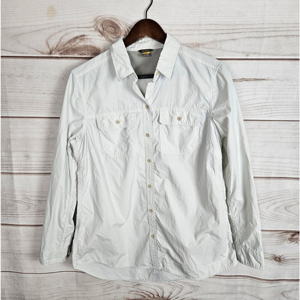 Eddie Bauer Womens Medium Grey Ripstop Long Sleeve Hiking Button Down Shirt